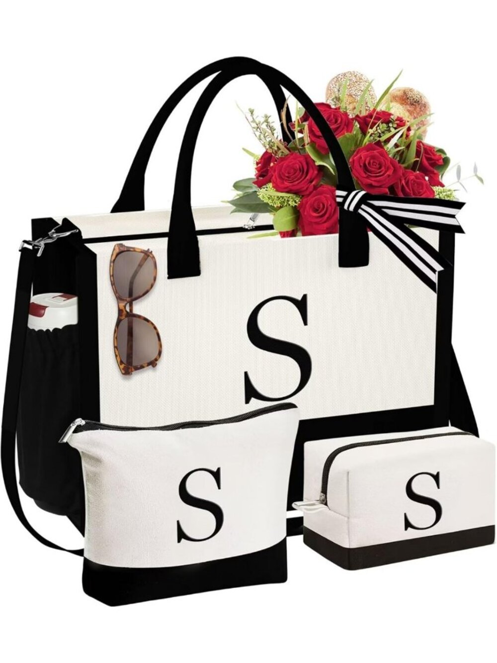Stylish 3-Piece Initial Canvas Tote & Makeup Bag Set for Women - Perfect Gifts!